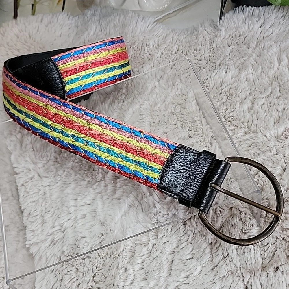 CHICO'S Black Leather Belt Woven with Sequins szS Bin7